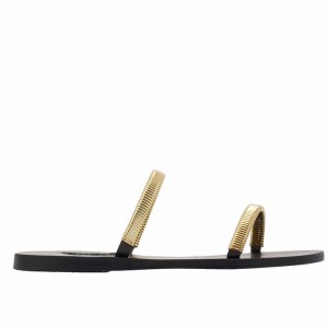 Women Ancient Greek Sandals Saita Slide Sandals Gold Black | UOV5698JX