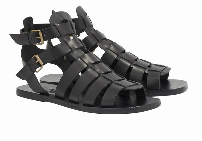 Men Ancient Greek Sandals Alexandros Leather Fisherman Sandals Black | FQY1260OE