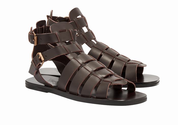 Men Ancient Greek Sandals Alexandros Leather Fisherman Sandals Chocolate | WAD3772WT