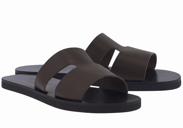 Men Ancient Greek Sandals Apteros Slide Sandals Chocolate | QSU879PS