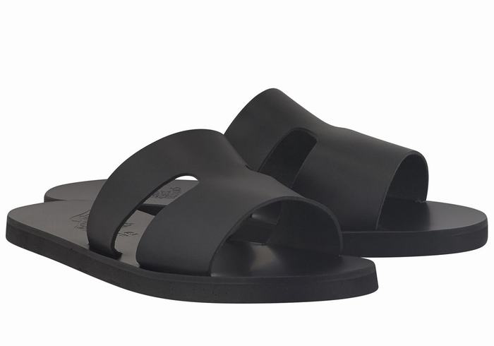 Men Ancient Greek Sandals Apteros Slide Sandals Black | YDK1413VP