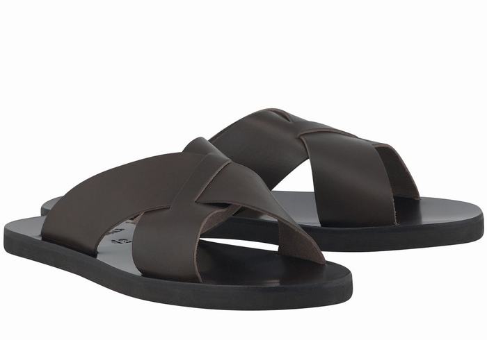 Men Ancient Greek Sandals Bios Slide Sandals Chocolate | MVV2639MV