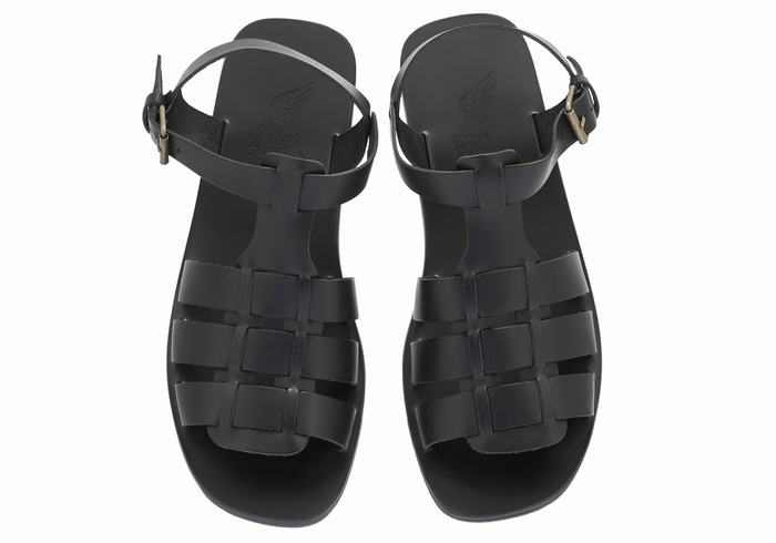 Men Ancient Greek Sandals Ektoras Leather Fisherman Sandals Black | HBN9553OI