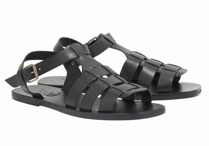 Men Ancient Greek Sandals Ektoras Leather Fisherman Sandals Black | HBN9553OI