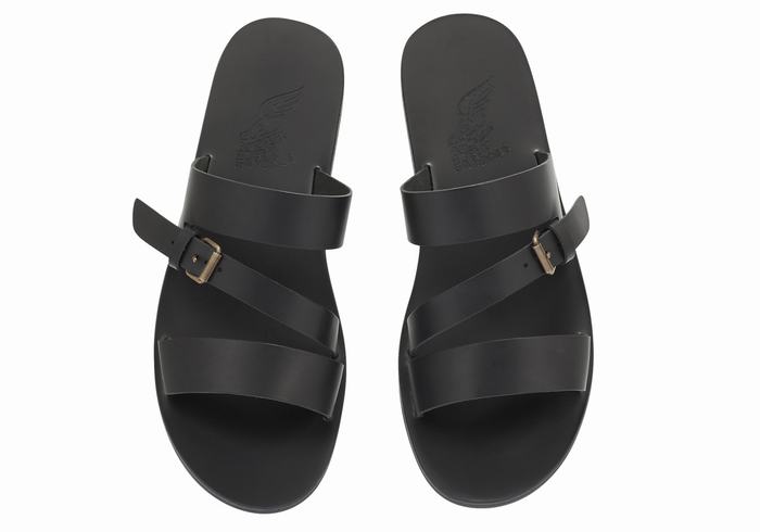 Men Ancient Greek Sandals Ifiklis Leather Slide Sandals Black | DYP2557QG