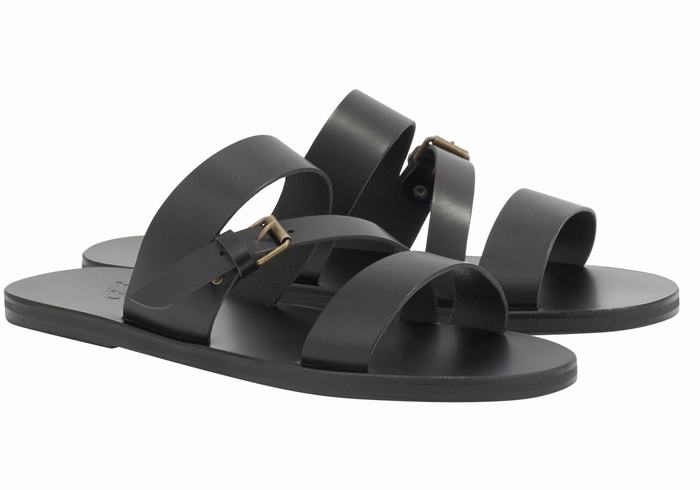 Men Ancient Greek Sandals Ifiklis Leather Slide Sandals Black | DYP2557QG