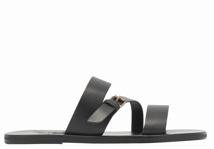 Men Ancient Greek Sandals Ifiklis Leather Slide Sandals Black | DYP2557QG