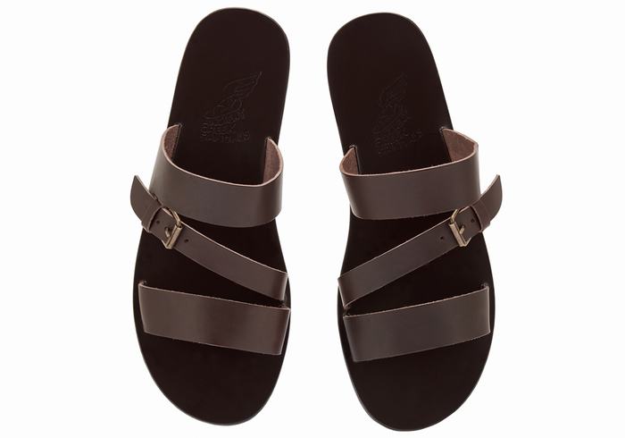 Men Ancient Greek Sandals Ifiklis Leather Slide Sandals Chocolate | IAU1511FF