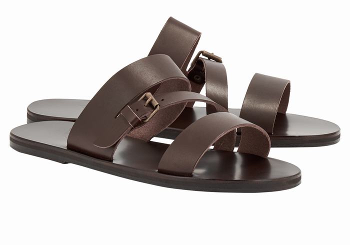 Men Ancient Greek Sandals Ifiklis Leather Slide Sandals Chocolate | IAU1511FF