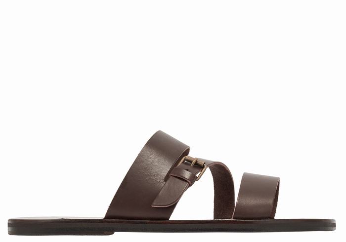 Men Ancient Greek Sandals Ifiklis Leather Slide Sandals Chocolate | IAU1511FF