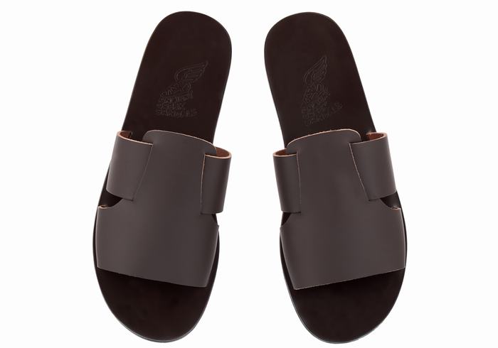 Men Ancient Greek Sandals Miltiadis Leather Slide Sandals Chocolate | GJA3732UC