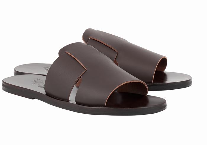 Men Ancient Greek Sandals Miltiadis Leather Slide Sandals Chocolate | GJA3732UC