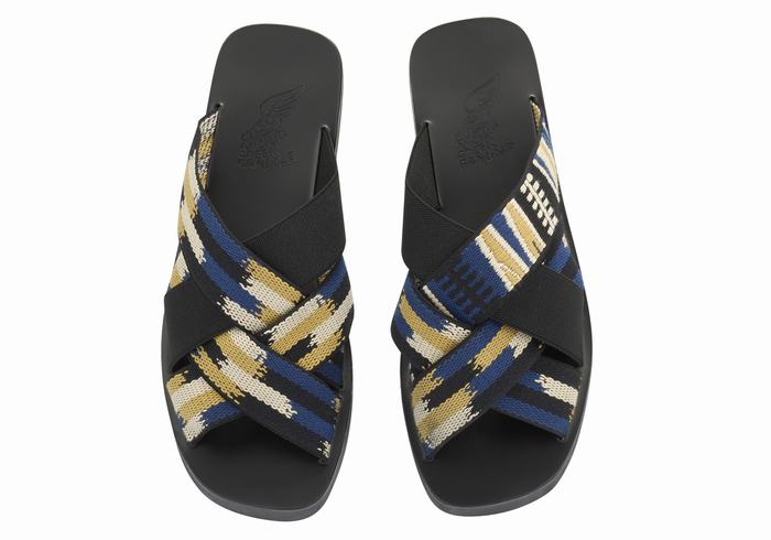 Men Ancient Greek Sandals Neoklis Slide Sandals Black Blue | VMX9182RK