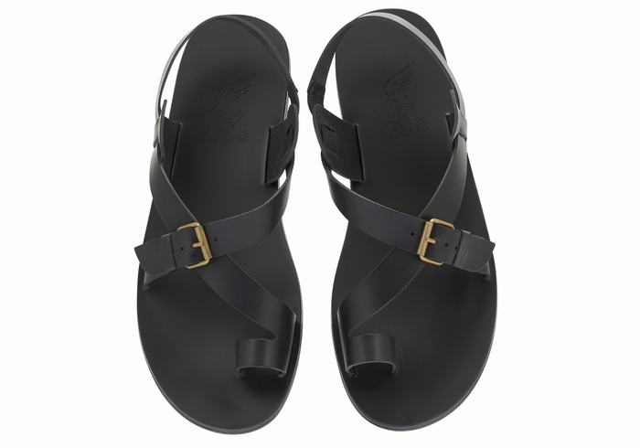 Men Ancient Greek Sandals Paris Leather Toe-Post Sandals Black | VVU1421QK