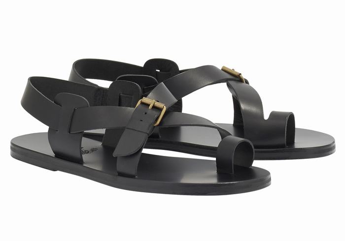 Men Ancient Greek Sandals Paris Leather Toe-Post Sandals Black | VVU1421QK