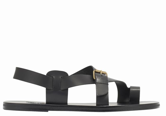 Men Ancient Greek Sandals Paris Leather Toe-Post Sandals Black | VVU1421QK