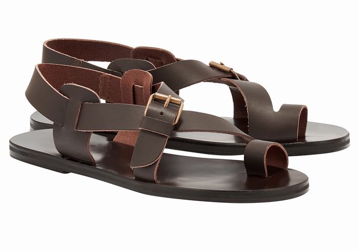 Men Ancient Greek Sandals Paris Leather Toe-Post Sandals Chocolate | BLL24100PU