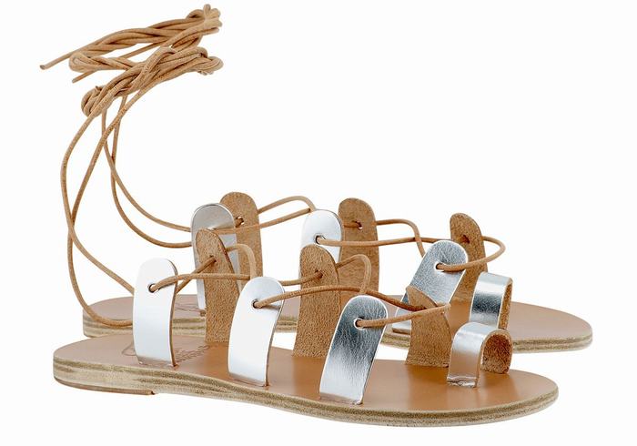 Women Ancient Greek Sandals Alcyone Leather Gladiator Sandals Silver | HVT3680VK