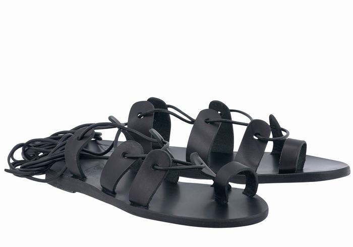 Women Ancient Greek Sandals Alcyone Leather Gladiator Sandals Black | JZF6851VI