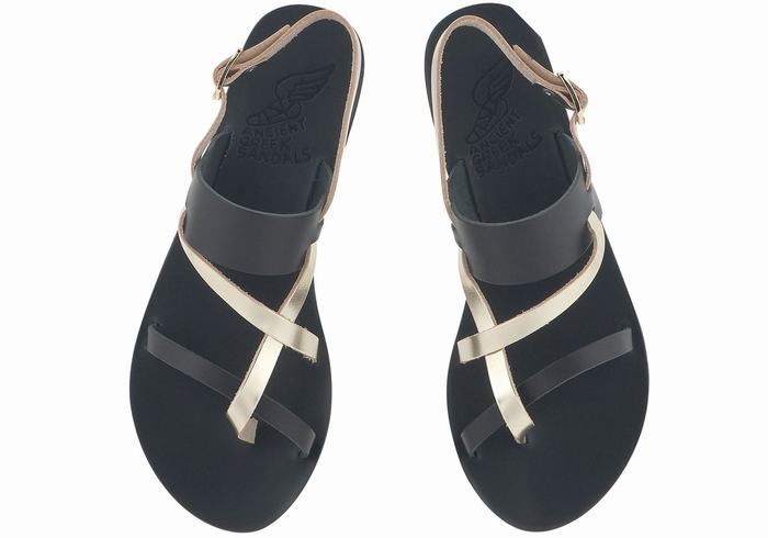 Women Ancient Greek Sandals Alethea Leather Back-Strap Sandals Black Gold White | DLX2273OY