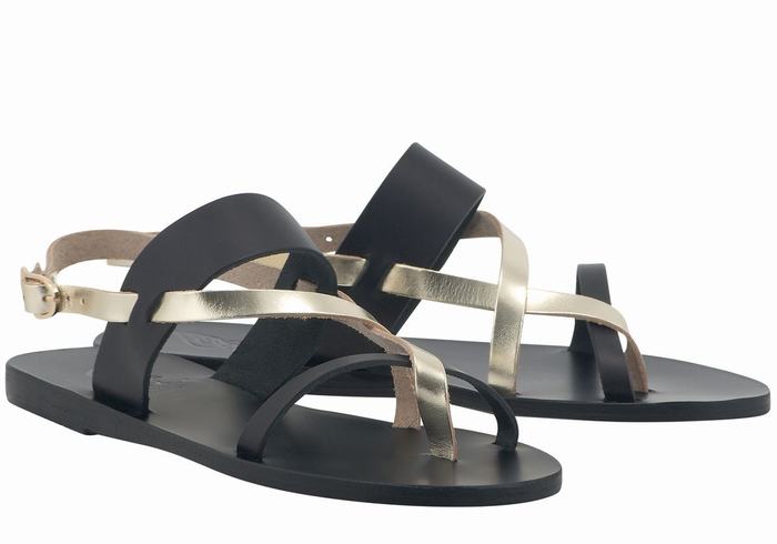 Women Ancient Greek Sandals Alethea Leather Back-Strap Sandals Black Gold White | DLX2273OY