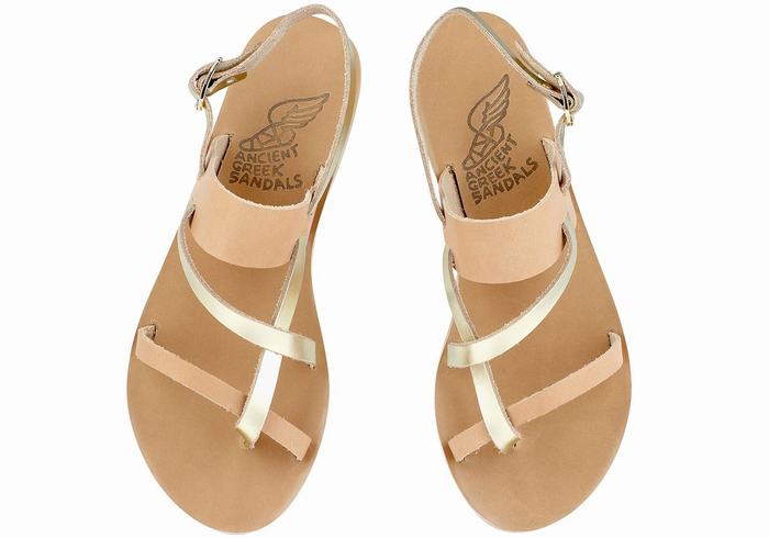 Women Ancient Greek Sandals Alethea Leather Back-Strap Sandals Beige Gold White | VUP188WO