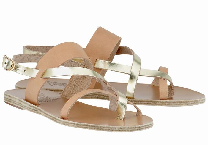 Women Ancient Greek Sandals Alethea Leather Back-Strap Sandals Beige Gold White | VUP188WO