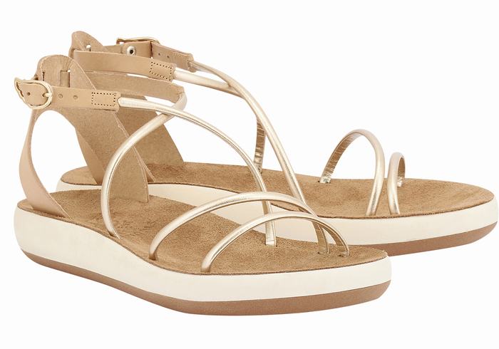 Women Ancient Greek Sandals Anastasia Comfort Ankle Strap Sandals Beige Gold White | ONO720NQ