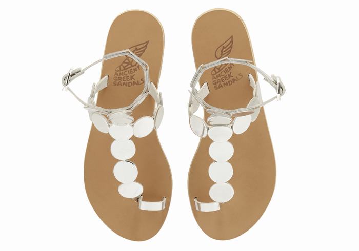 Women Ancient Greek Sandals Asteras Leather Toe-Post Sandals Silver | GFA7637EL