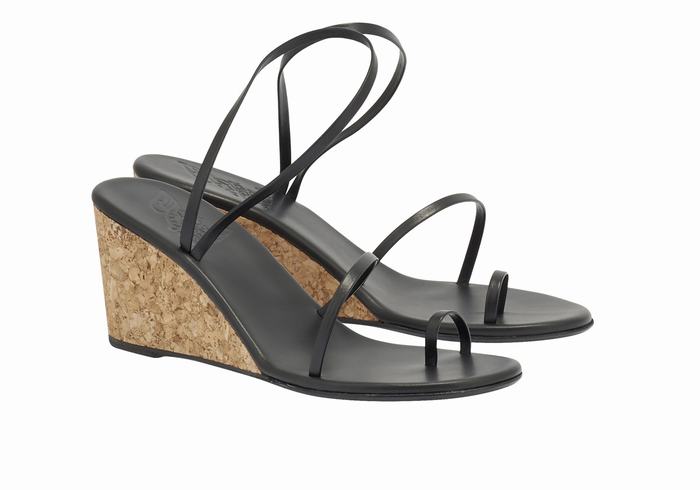 Women Ancient Greek Sandals Chora Mid Wedge Sandals Black | TAN1331IV