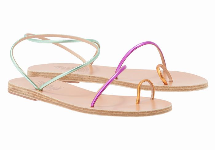 Women Ancient Greek Sandals Chora Toe-Post Sandals Gold Purple Green | YUG5063MY