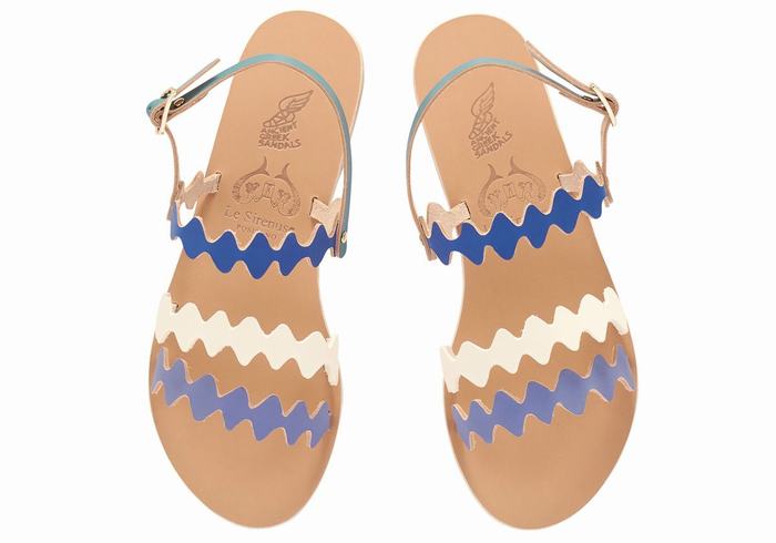 Women Ancient Greek Sandals Clio Onda Back-Strap Sandals Blue White | RAV5536TW