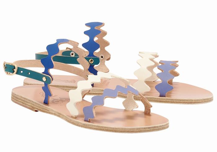 Women Ancient Greek Sandals Clio Onda Back-Strap Sandals Blue White | RAV5536TW