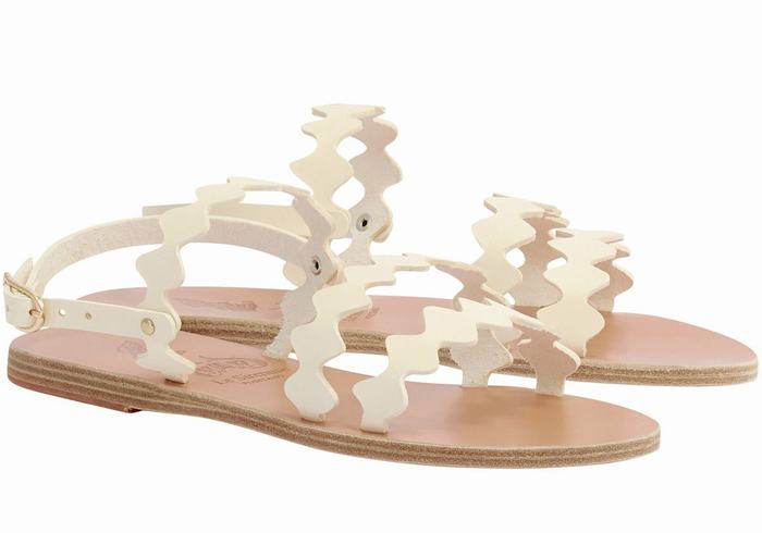 Women Ancient Greek Sandals Clio Onda Leather Back-Strap Sandals White | QJQ9256IG