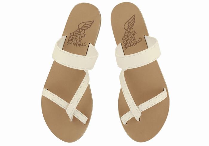 Women Ancient Greek Sandals Daphnae Leather Slide Sandals White | FAA8052WD