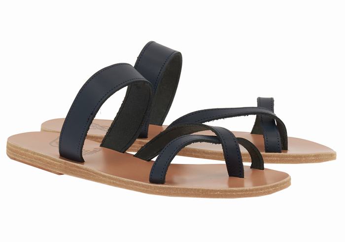 Women Ancient Greek Sandals Daphnae Leather Slide Sandals Dark Blue | UEA81GX