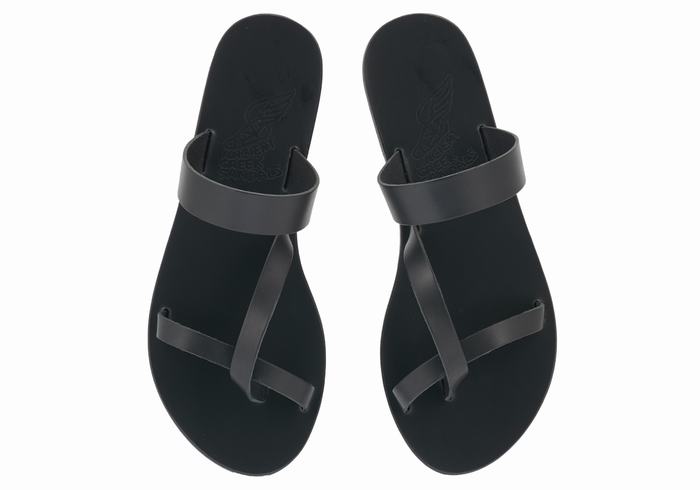 Women Ancient Greek Sandals Daphnae Leather Slide Sandals Black | POD3147XS