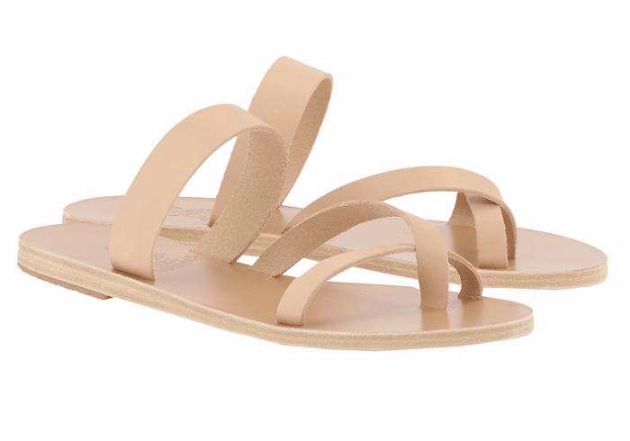 Women Ancient Greek Sandals Daphnae Leather Slide Sandals Beige | PRF6219WH