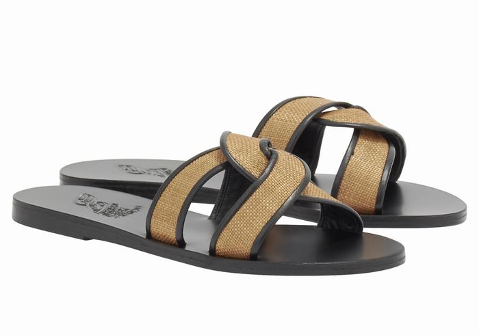 Women Ancient Greek Sandals Desmos Slide Sandals Brown Black | UOZ5697VH