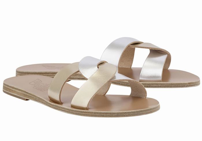 Women Ancient Greek Sandals Desmos Slide Sandals Gold White Silver | KEI852XQ