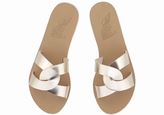 Women Ancient Greek Sandals Desmos Slide Sandals Gold White | YVT4381ZG