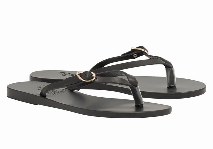 Women Ancient Greek Sandals Dihalo Leather Flip Flops Black | BXN2415AP