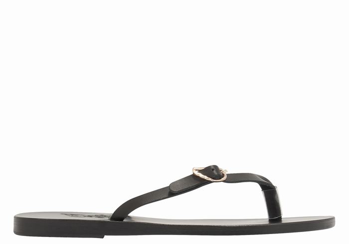 Women Ancient Greek Sandals Dihalo Leather Flip Flops Black | BXN2415AP