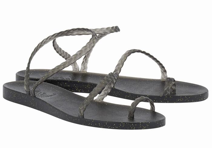 Women Ancient Greek Sandals Eleftheria Braided Sandals Black Gold | YBV1589LS