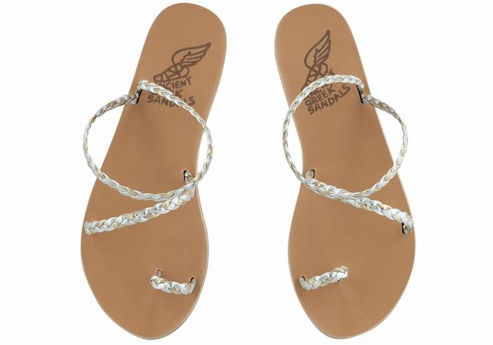 Women Ancient Greek Sandals Eleftheria Leather Braided Sandals Silver Gold White | RRL5529VW