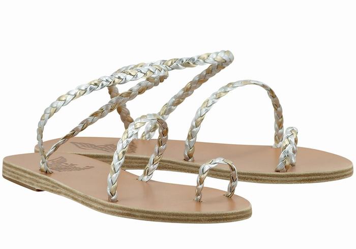 Women Ancient Greek Sandals Eleftheria Leather Braided Sandals Silver Gold White | RRL5529VW