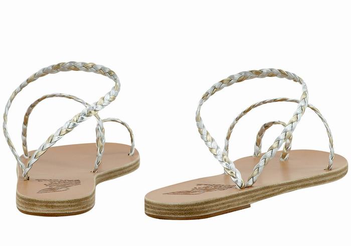 Women Ancient Greek Sandals Eleftheria Leather Braided Sandals Silver Gold White | RRL5529VW