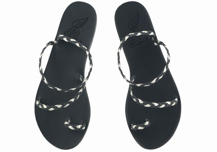 Women Ancient Greek Sandals Eleftheria Leather Braided Sandals Black Gold White | BOD8042JH