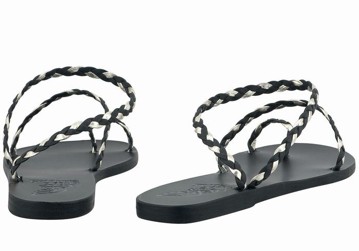 Women Ancient Greek Sandals Eleftheria Leather Braided Sandals Black Gold White | BOD8042JH