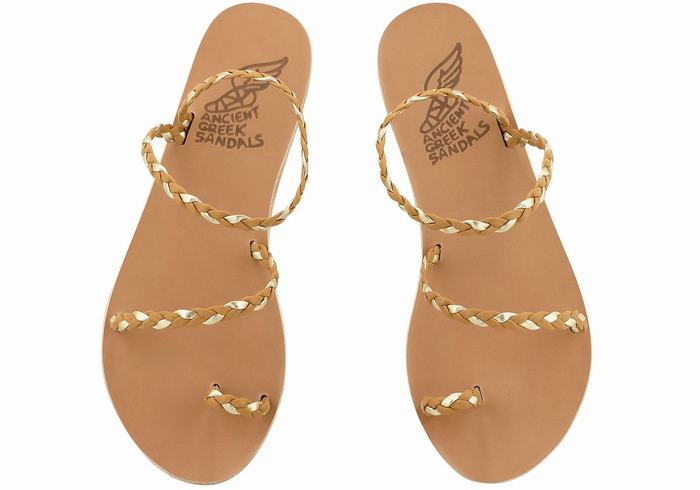 Women Ancient Greek Sandals Eleftheria Leather Braided Sandals Beige Gold White | GMI2237FC